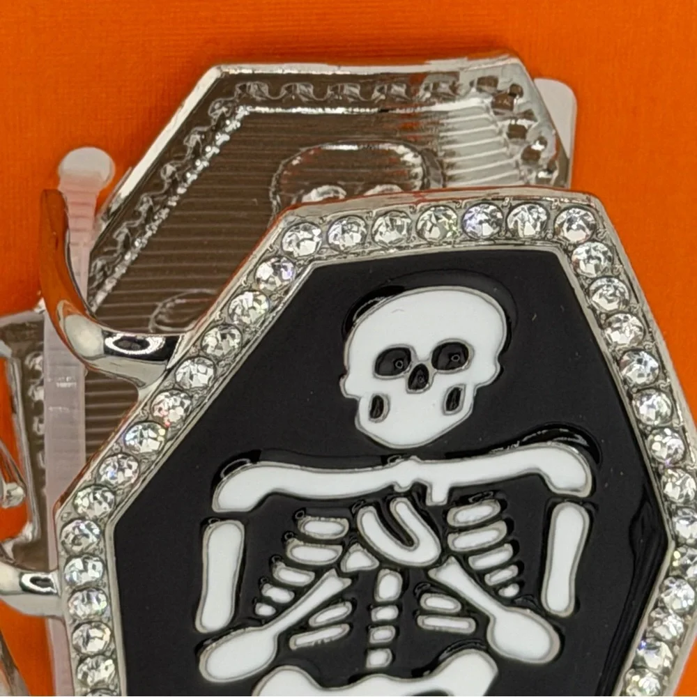 Piper K Halloween Goth Skeleton Casket Claw Clip Silver Tone Rhinestones.